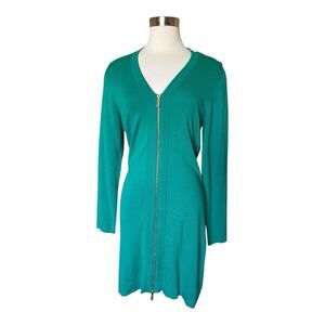 ALICE by Temperley Full Zip Sheath Dress LS Sz L Green V-Neck Gold Metal